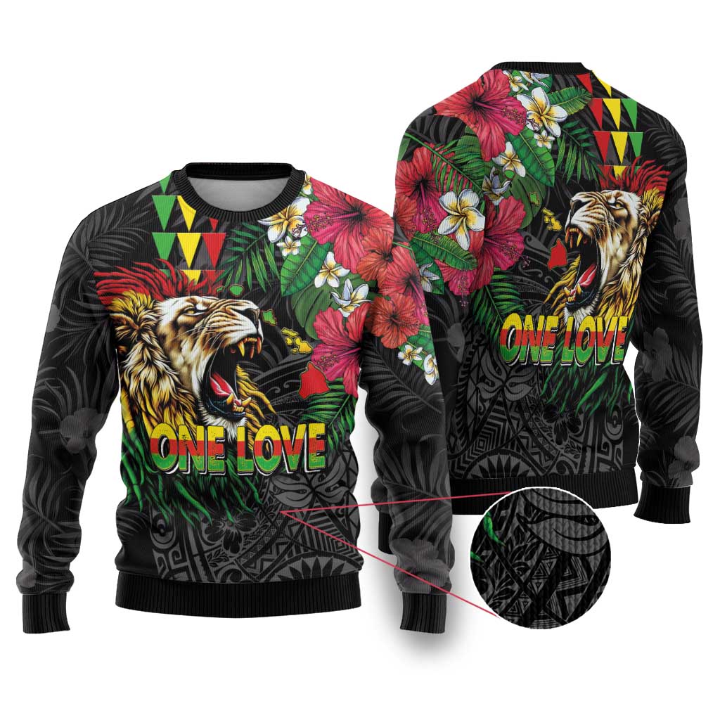 Hawaiian One Love Ugly Christmas Sweater Reggae Lion Tropical Plants and Kakau with Tribal Pattern