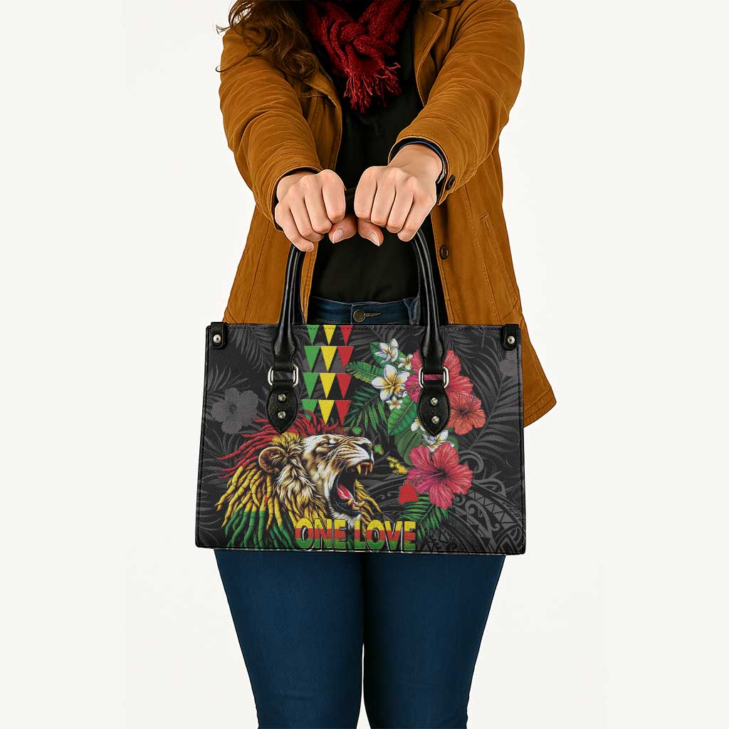 Hawaiian One Love Leather Bag Reggae Lion Tropical Plants and Kakau with Tribal Pattern LT03 - Polynesian Pride
