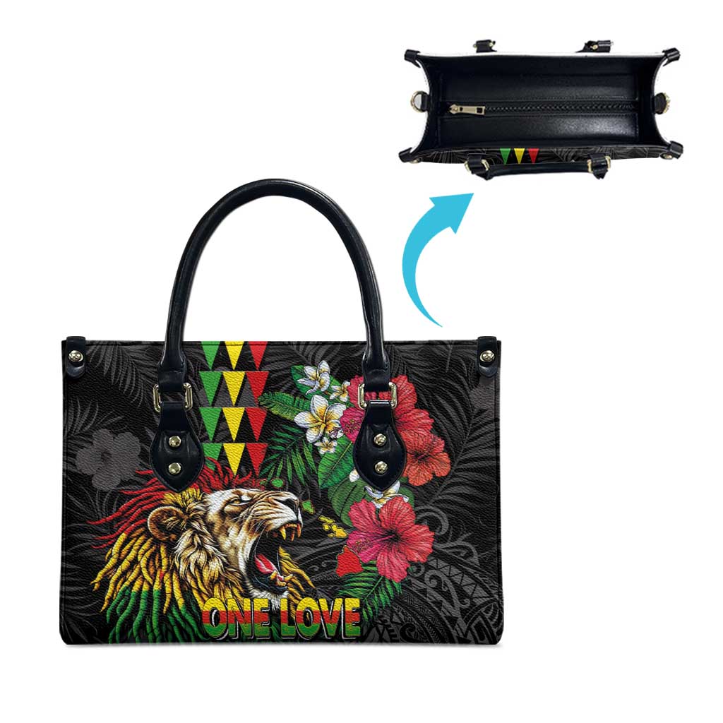 Hawaiian One Love Leather Bag Reggae Lion Tropical Plants and Kakau with Tribal Pattern LT03 - Polynesian Pride