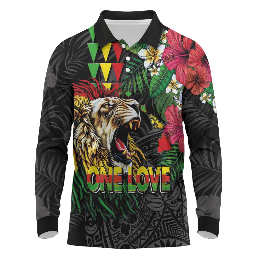 Hawaiian One Love Long Sleeve Polo Shirt Reggae Lion Tropical Plants and Kakau with Tribal Pattern
