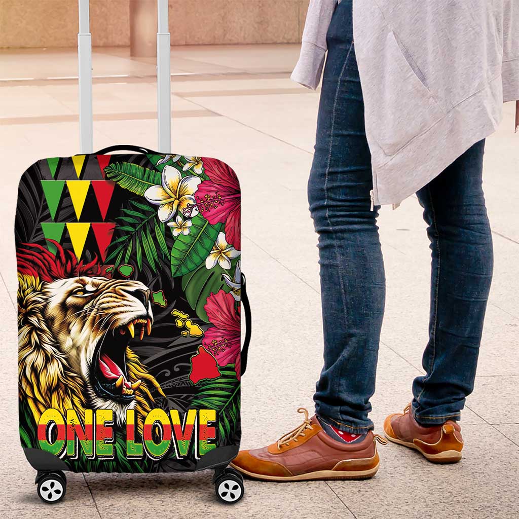 Hawaiian One Love Luggage Cover Reggae Lion Tropical Plants and Kakau with Tribal Pattern