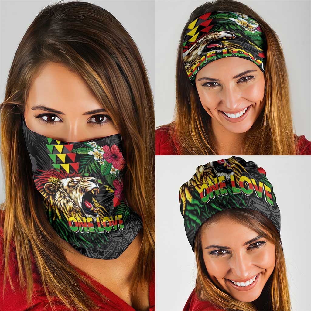 Hawaiian One Love Neck Gaiter Reggae Lion Tropical Plants and Kakau with Tribal Pattern