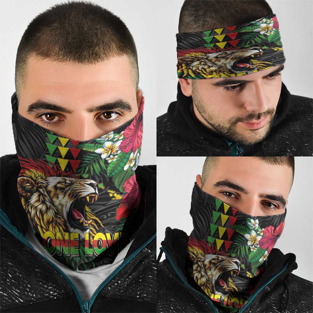 Hawaiian One Love Neck Gaiter Reggae Lion Tropical Plants and Kakau with Tribal Pattern