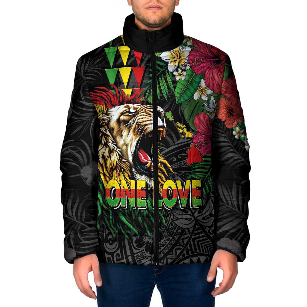 Hawaiian One Love Padded Jacket Reggae Lion Tropical Plants and Kakau with Tribal Pattern LT03 Men Black - Polynesian Pride