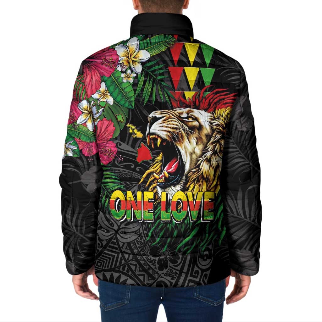 Hawaiian One Love Padded Jacket Reggae Lion Tropical Plants and Kakau with Tribal Pattern LT03 - Polynesian Pride