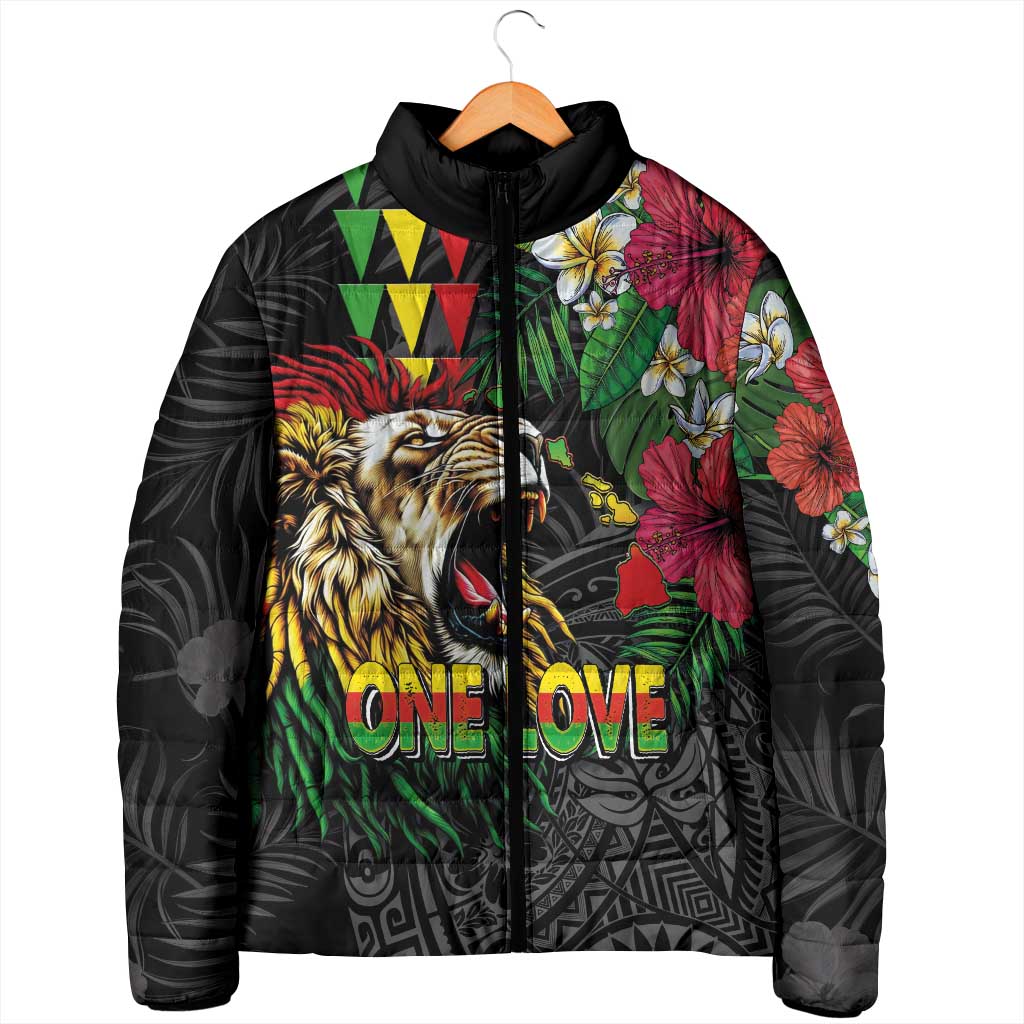 Hawaiian One Love Padded Jacket Reggae Lion Tropical Plants and Kakau with Tribal Pattern LT03 - Polynesian Pride