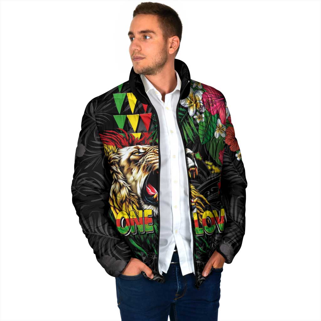 Hawaiian One Love Padded Jacket Reggae Lion Tropical Plants and Kakau with Tribal Pattern LT03 - Polynesian Pride