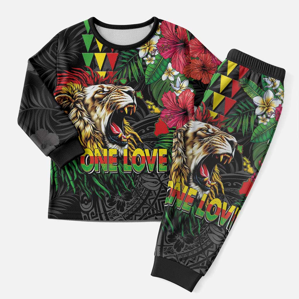 Hawaiian One Love Christmas Pajama Set Reggae Lion Tropical Plants and Kakau with Tribal Pattern