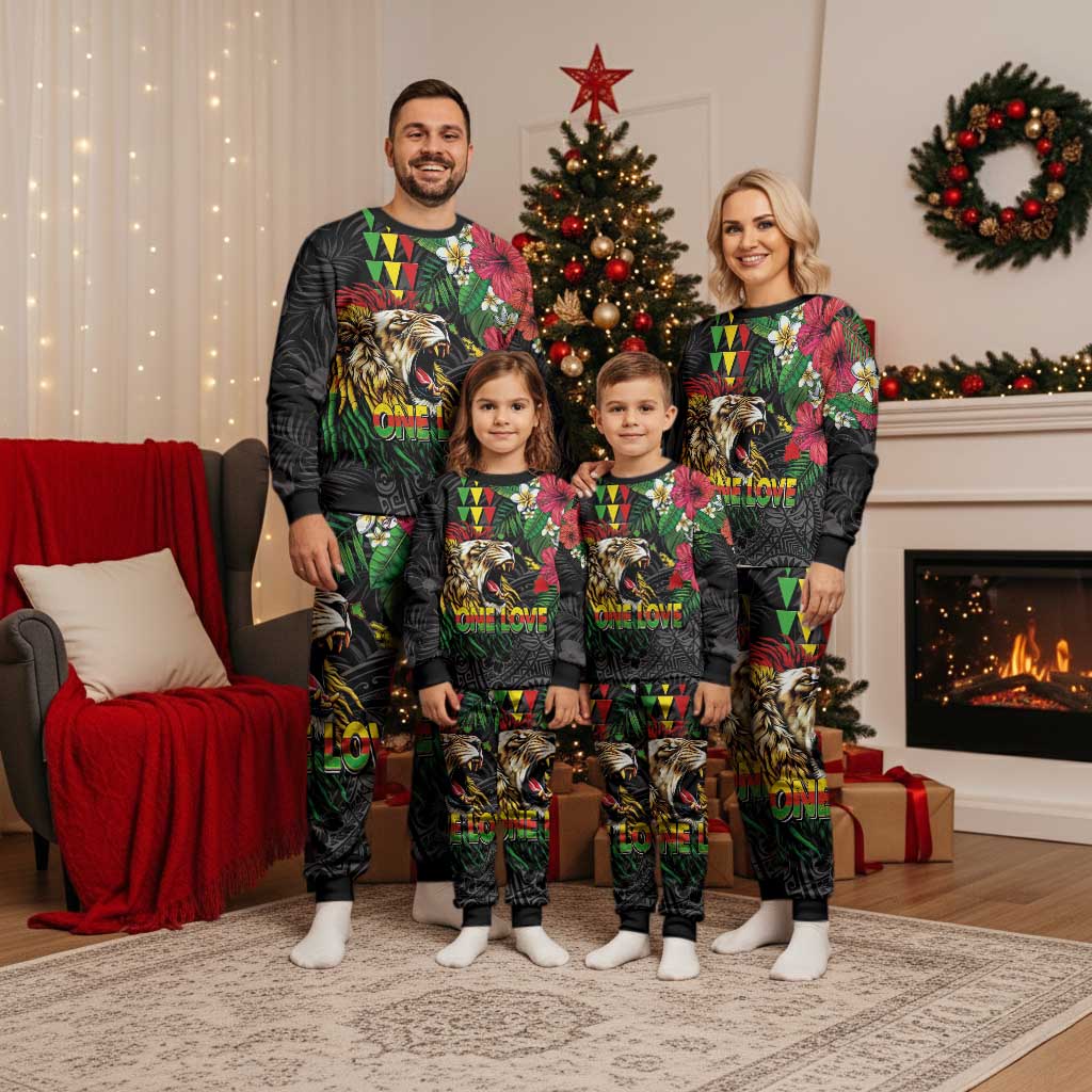 Hawaiian One Love Christmas Pajama Set Reggae Lion Tropical Plants and Kakau with Tribal Pattern
