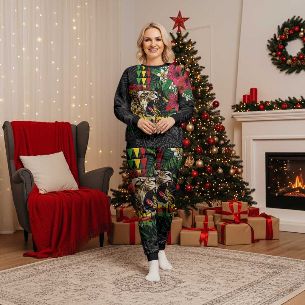 Hawaiian One Love Christmas Pajama Set Reggae Lion Tropical Plants and Kakau with Tribal Pattern