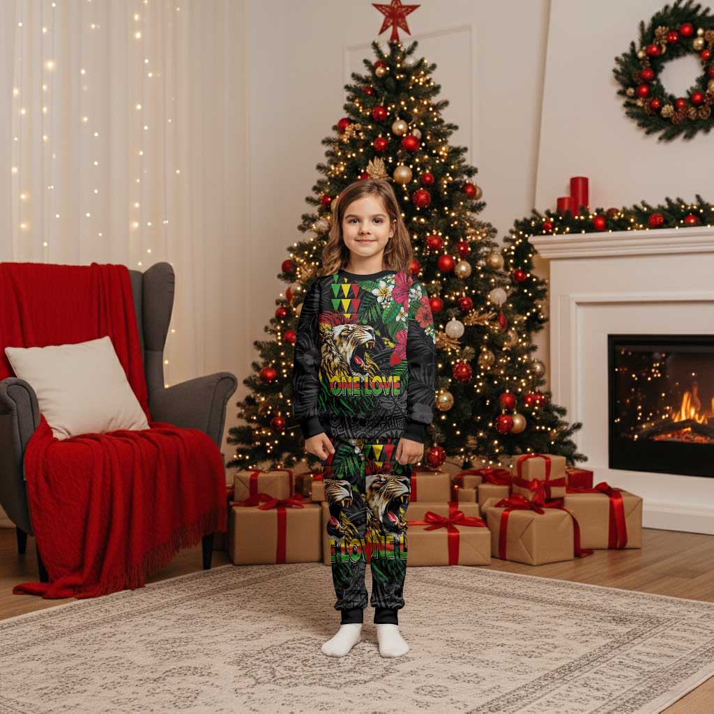 Hawaiian One Love Christmas Pajama Set Reggae Lion Tropical Plants and Kakau with Tribal Pattern