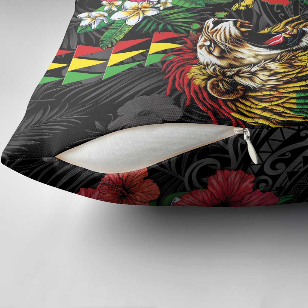 Hawaiian One Love Pillow Cover Reggae Lion Tropical Plants and Kakau with Tribal Pattern