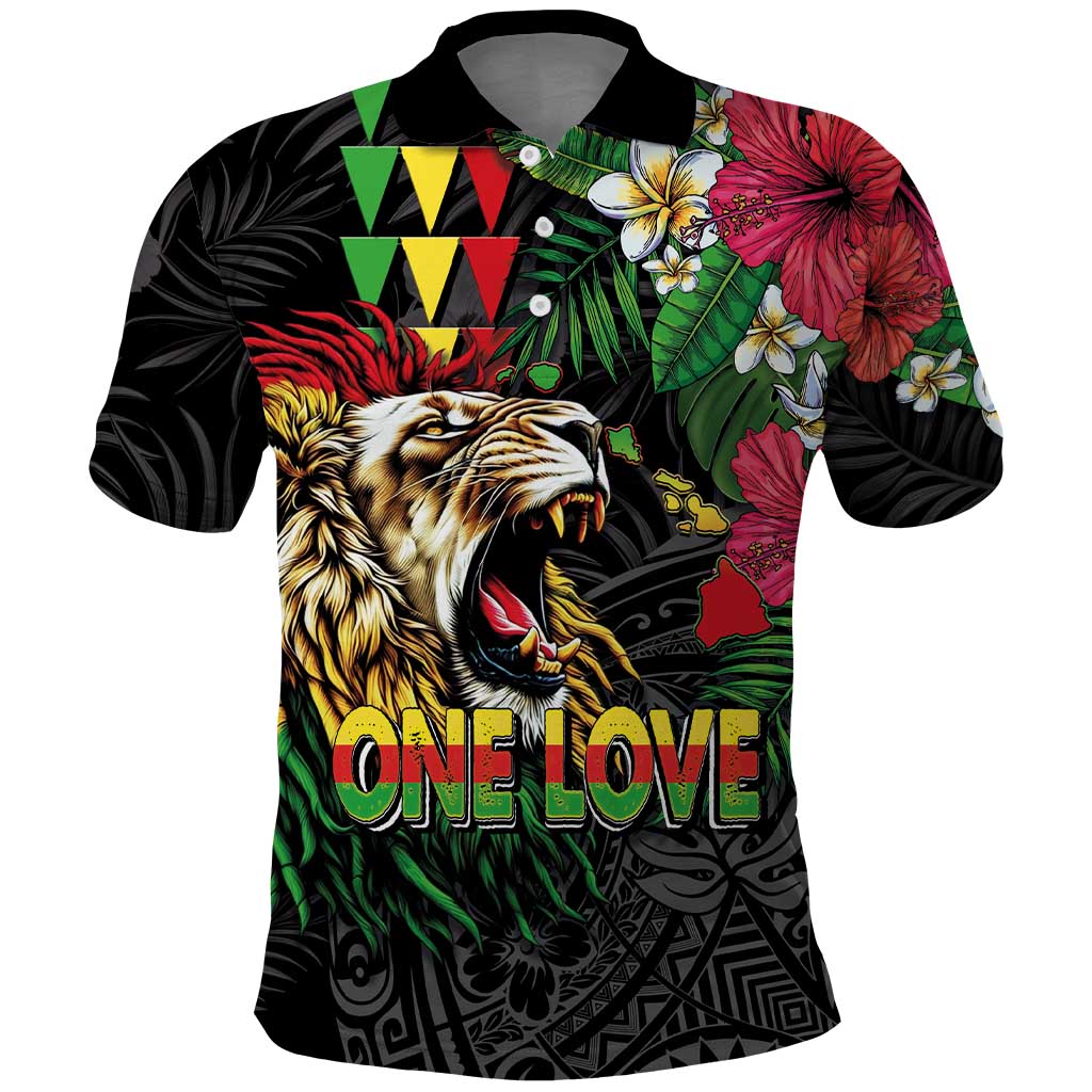Hawaiian One Love Polo Shirt Reggae Lion Tropical Plants and Kakau with Tribal Pattern