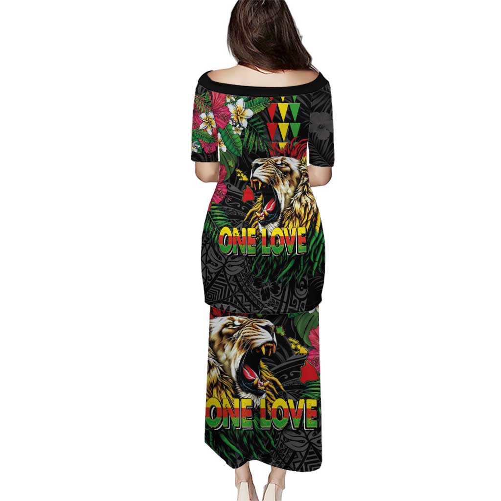 Hawaiian One Love Puletasi Reggae Lion Tropical Plants and Kakau with Tribal Pattern LT03 - Polynesian Pride