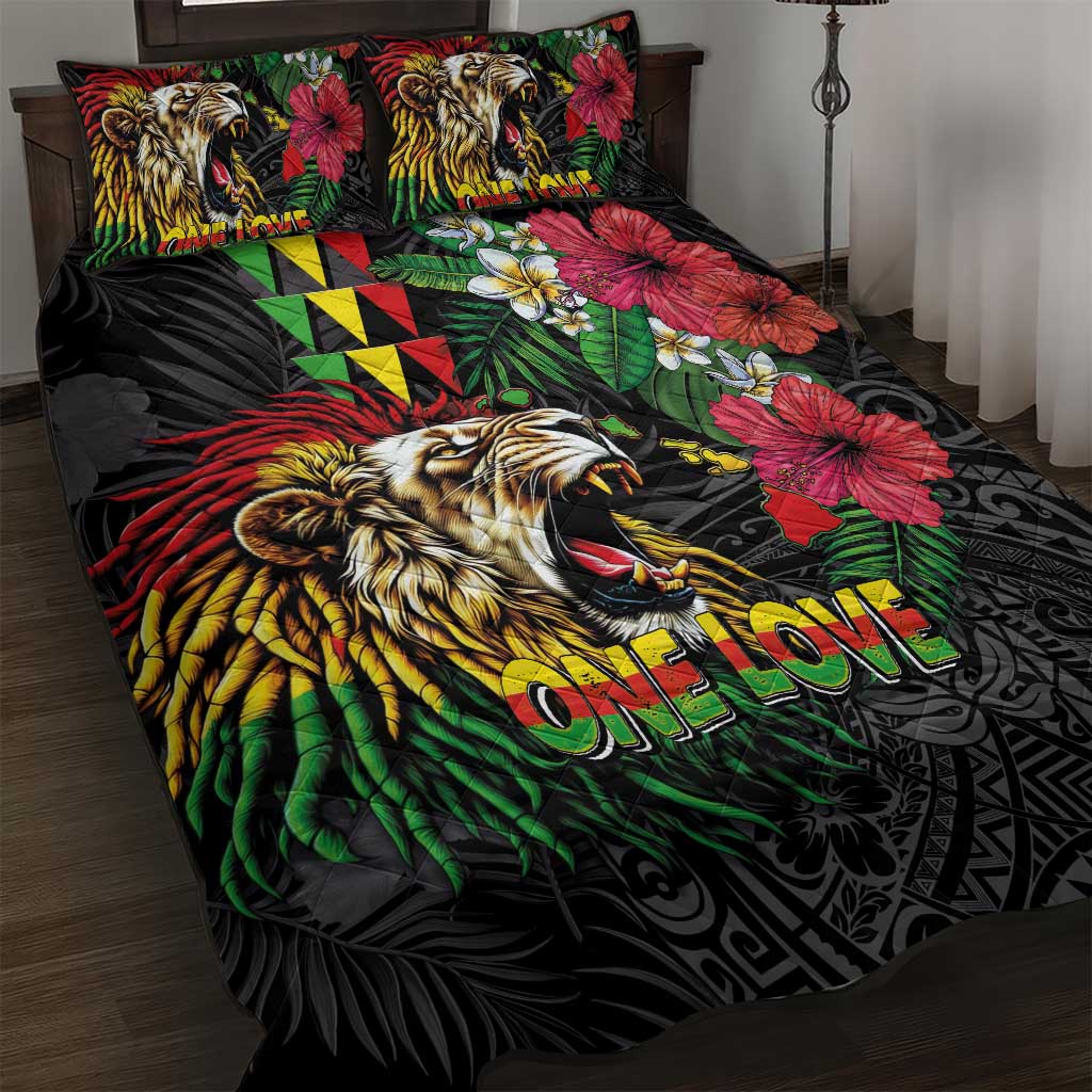 Hawaiian One Love Quilt Bed Set Reggae Lion Tropical Plants and Kakau with Tribal Pattern