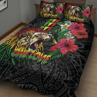 Hawaiian One Love Quilt Bed Set Reggae Lion Tropical Plants and Kakau with Tribal Pattern