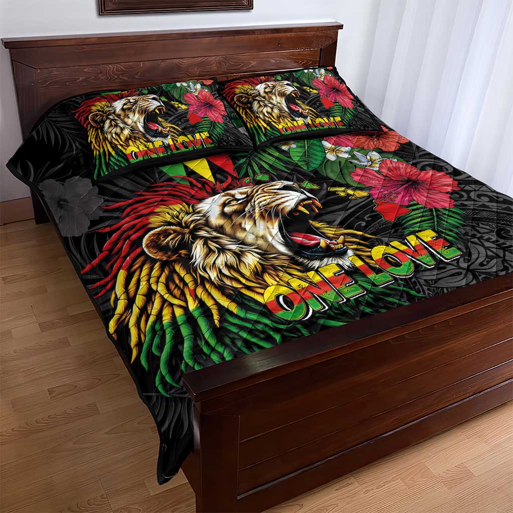 Hawaiian One Love Quilt Bed Set Reggae Lion Tropical Plants and Kakau with Tribal Pattern