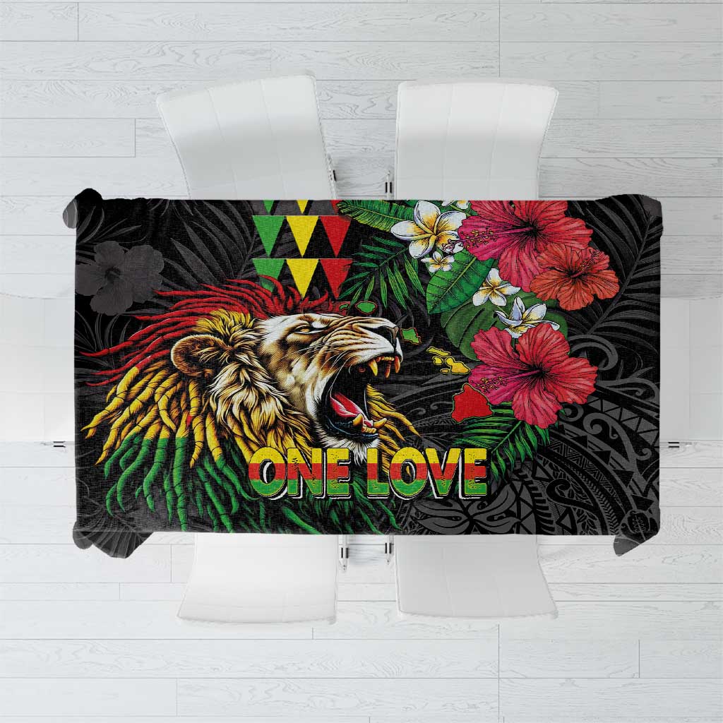 Hawaiian One Love Tablecloth Reggae Lion Tropical Plants and Kakau with Tribal Pattern