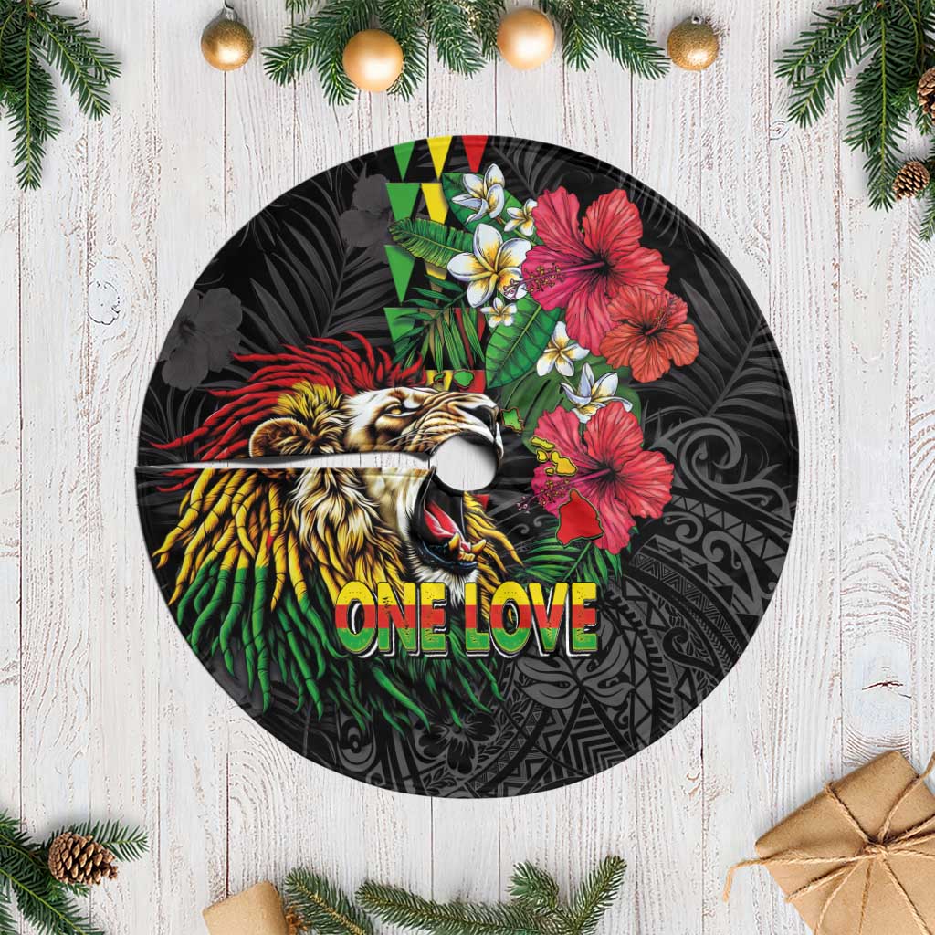 Hawaiian One Love Tree Skirt Reggae Lion Tropical Plants and Kakau with Tribal Pattern