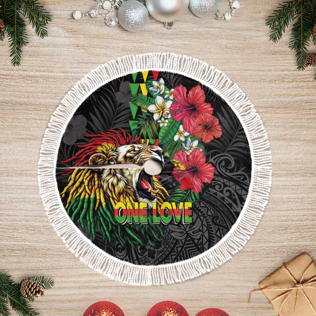 Hawaiian One Love Tree Skirt Reggae Lion Tropical Plants and Kakau with Tribal Pattern