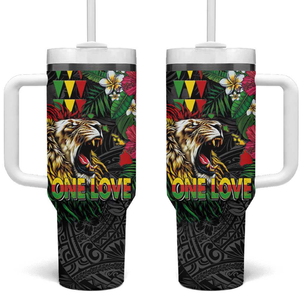 Hawaiian One Love Tumbler With Handle Reggae Lion Tropical Plants and Kakau with Tribal Pattern
