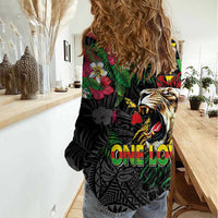 Hawaiian One Love Women Casual Shirt Reggae Lion Tropical Plants and Kakau with Tribal Pattern
