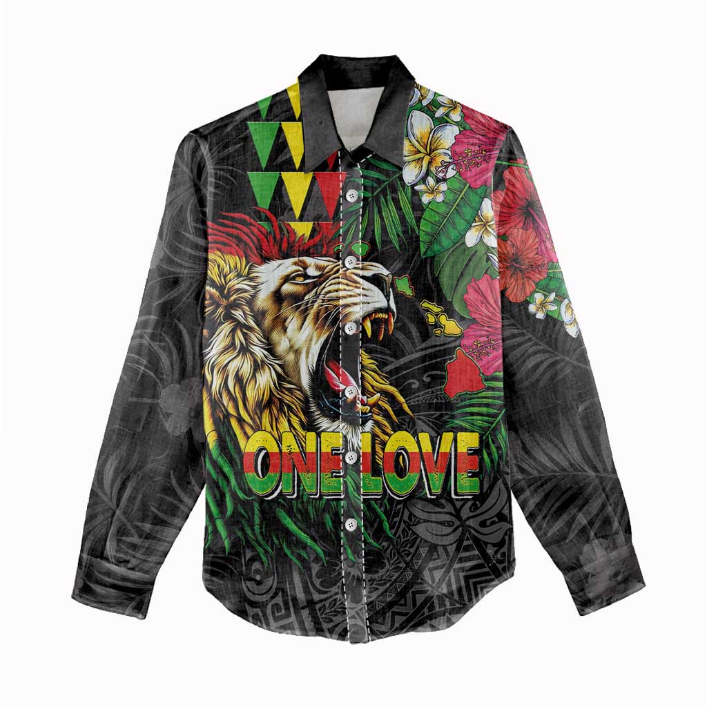 Hawaiian One Love Women Casual Shirt Reggae Lion Tropical Plants and Kakau with Tribal Pattern