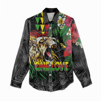 Hawaiian One Love Women Casual Shirt Reggae Lion Tropical Plants and Kakau with Tribal Pattern