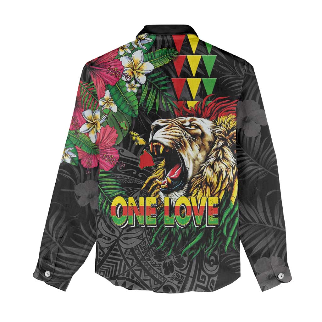 Hawaiian One Love Women Casual Shirt Reggae Lion Tropical Plants and Kakau with Tribal Pattern
