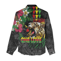 Hawaiian One Love Women Casual Shirt Reggae Lion Tropical Plants and Kakau with Tribal Pattern
