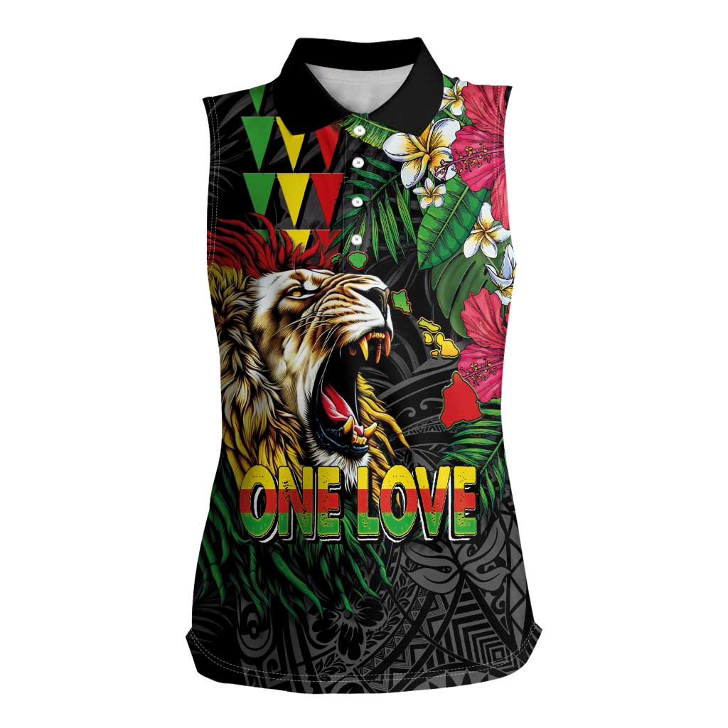 Hawaiian One Love Women Sleeveless Polo Shirt Reggae Lion Tropical Plants and Kakau with Tribal Pattern