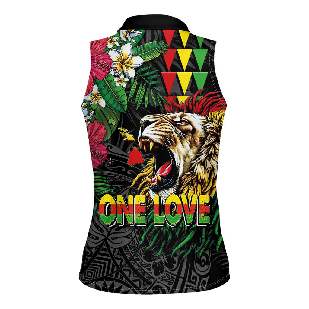 Hawaiian One Love Women Sleeveless Polo Shirt Reggae Lion Tropical Plants and Kakau with Tribal Pattern