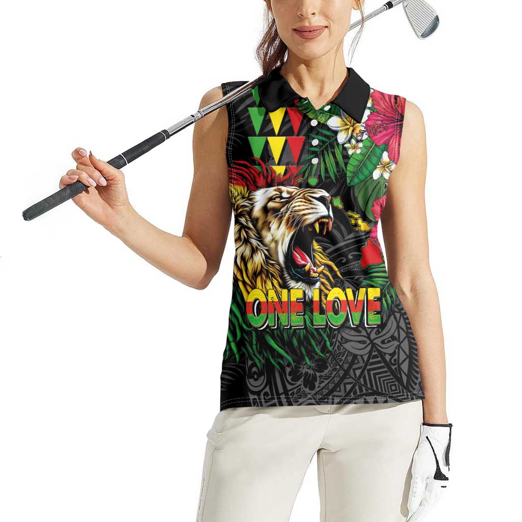 Hawaiian One Love Women Sleeveless Polo Shirt Reggae Lion Tropical Plants and Kakau with Tribal Pattern