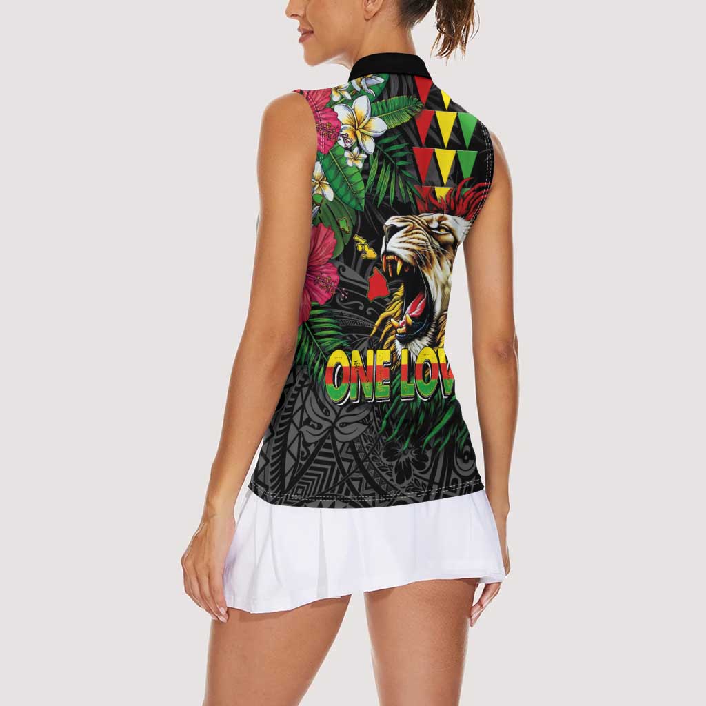 Hawaiian One Love Women Sleeveless Polo Shirt Reggae Lion Tropical Plants and Kakau with Tribal Pattern