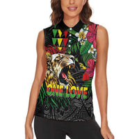 Hawaiian One Love Women Sleeveless Polo Shirt Reggae Lion Tropical Plants and Kakau with Tribal Pattern