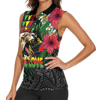 Hawaiian One Love Women Sleeveless Polo Shirt Reggae Lion Tropical Plants and Kakau with Tribal Pattern