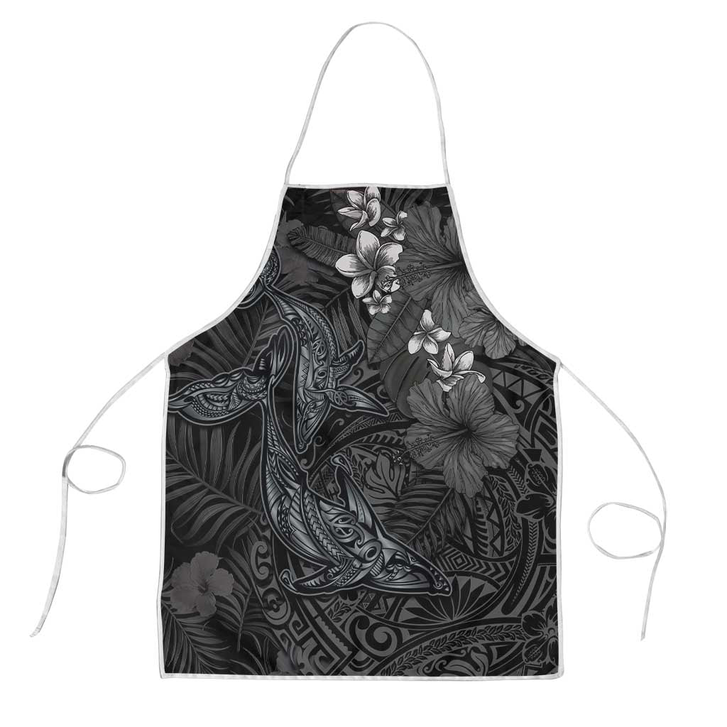 Hawaiian Tropical Plants and Tribal Whales Apron Polynesian Art Tattoo Grayscale
