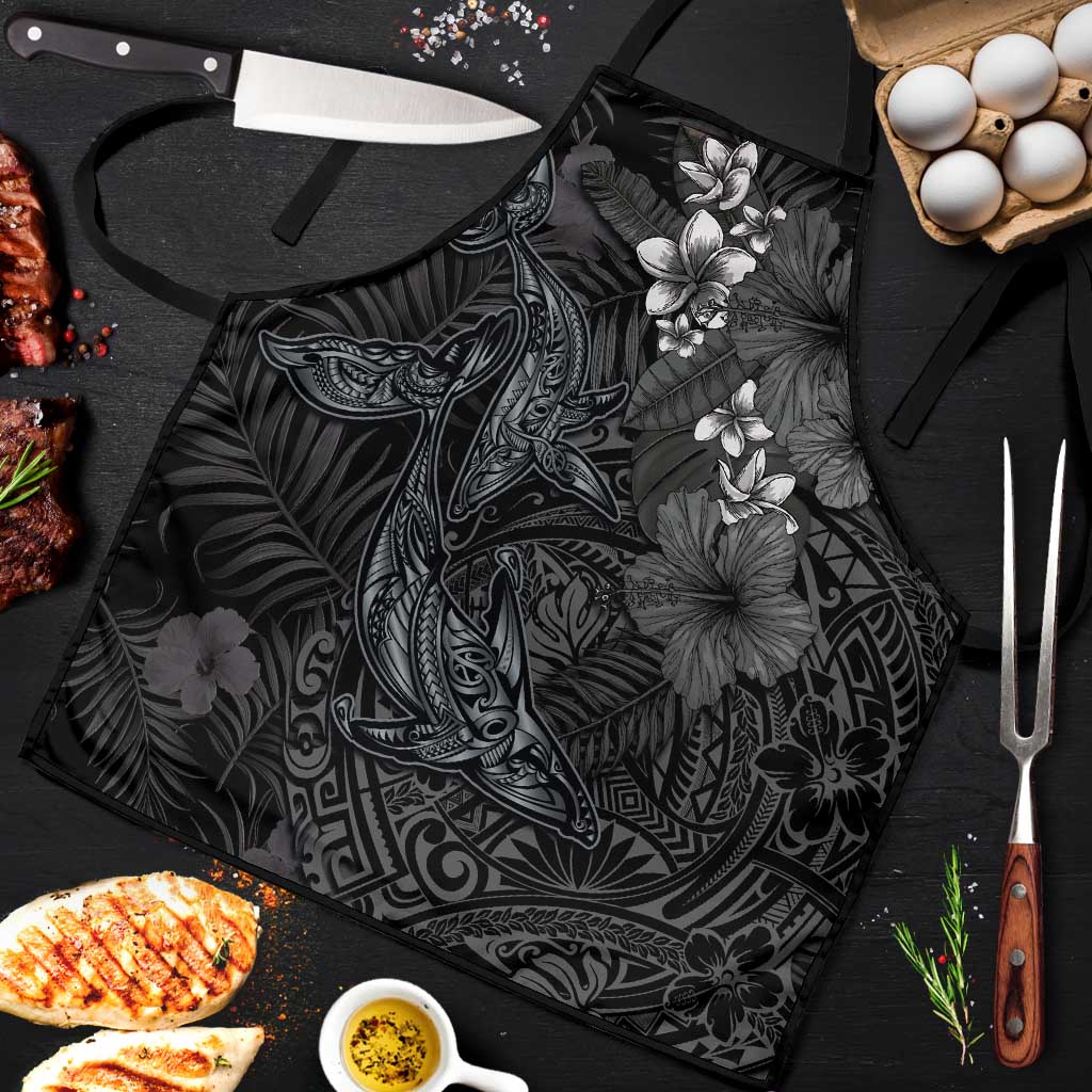 Hawaiian Tropical Plants and Tribal Whales Apron Polynesian Art Tattoo Grayscale