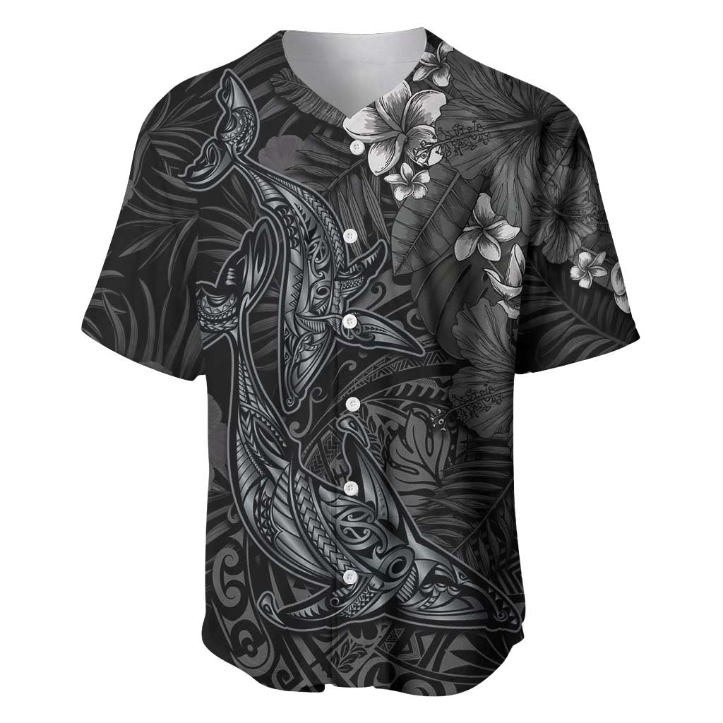 Hawaiian Tropical Plants and Tribal Whales Baseball Jersey Polynesian Art Tattoo Grayscale LT03 Black - Polynesian Pride