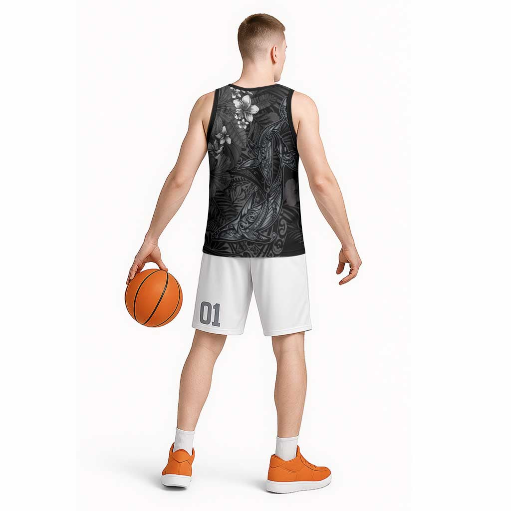 Hawaiian Tropical Plants and Tribal Whales Basketball Jersey Polynesian Art Tattoo Grayscale LT03 - Polynesian Pride
