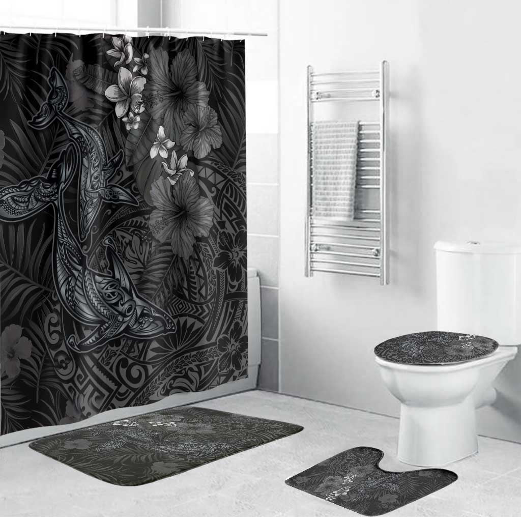 Hawaiian Tropical Plants and Tribal Whales Bathroom Set Polynesian Art Tattoo Grayscale