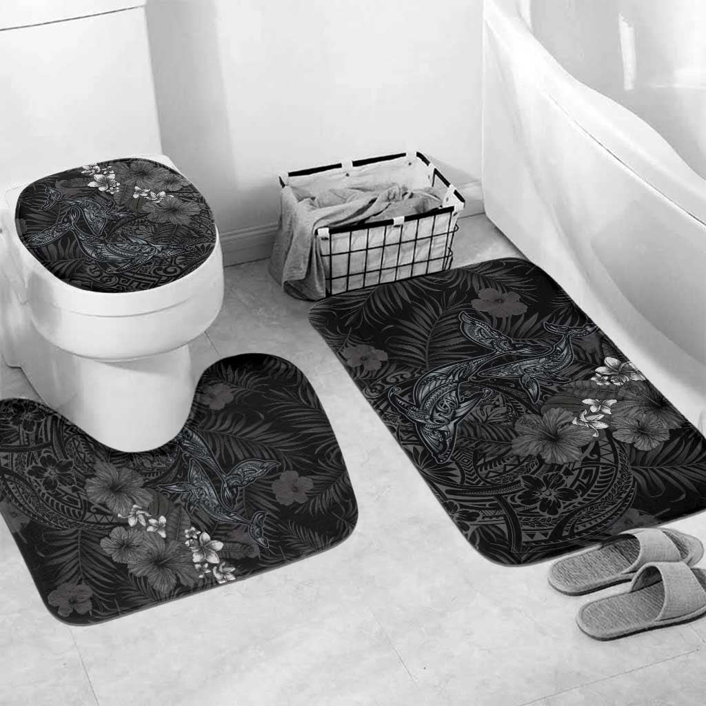 Hawaiian Tropical Plants and Tribal Whales Bathroom Set Polynesian Art Tattoo Grayscale