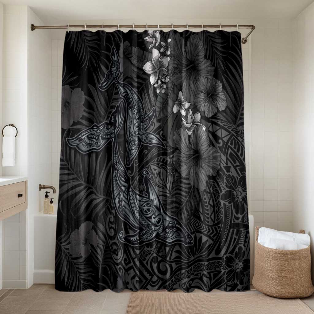 Hawaiian Tropical Plants and Tribal Whales Bathroom Set Polynesian Art Tattoo Grayscale