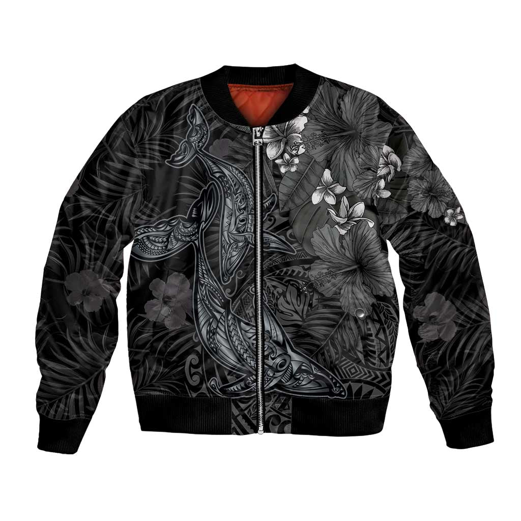 Hawaiian Tropical Plants and Tribal Whales Bomber Jacket Polynesian Art Tattoo Grayscale