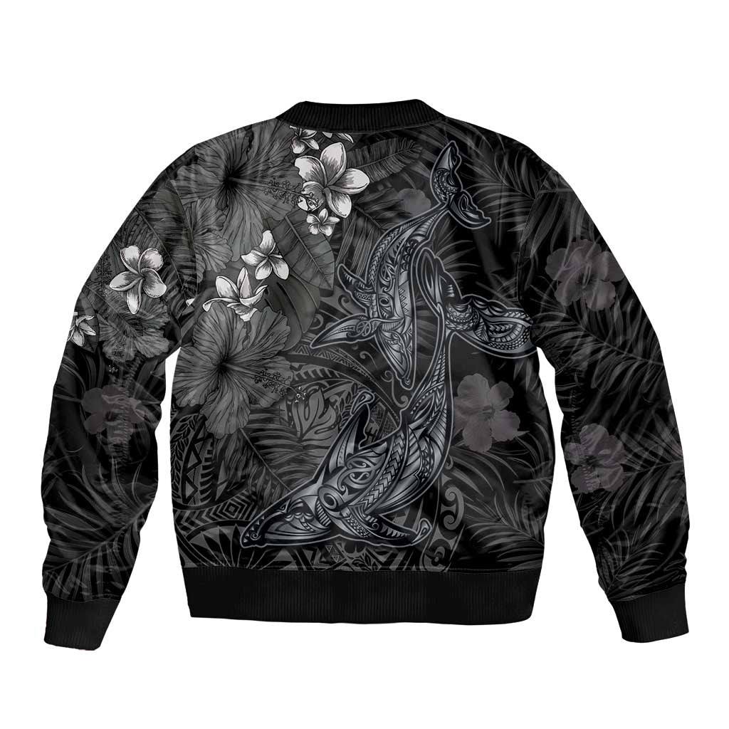 Hawaiian Tropical Plants and Tribal Whales Bomber Jacket Polynesian Art Tattoo Grayscale LT03 - Polynesian Pride