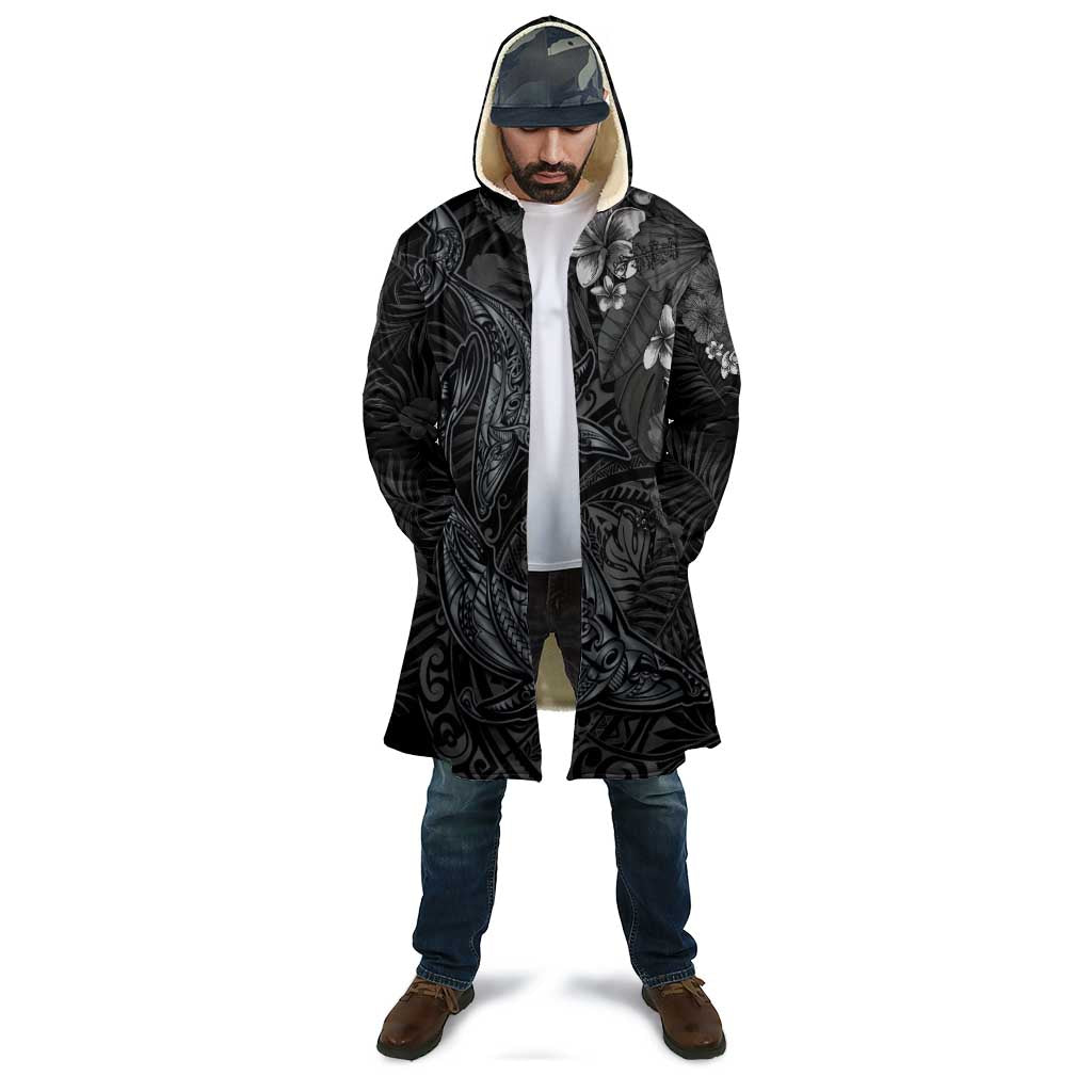 Hawaiian Tropical Plants and Tribal Whales Cloak Polynesian Art Tattoo Grayscale