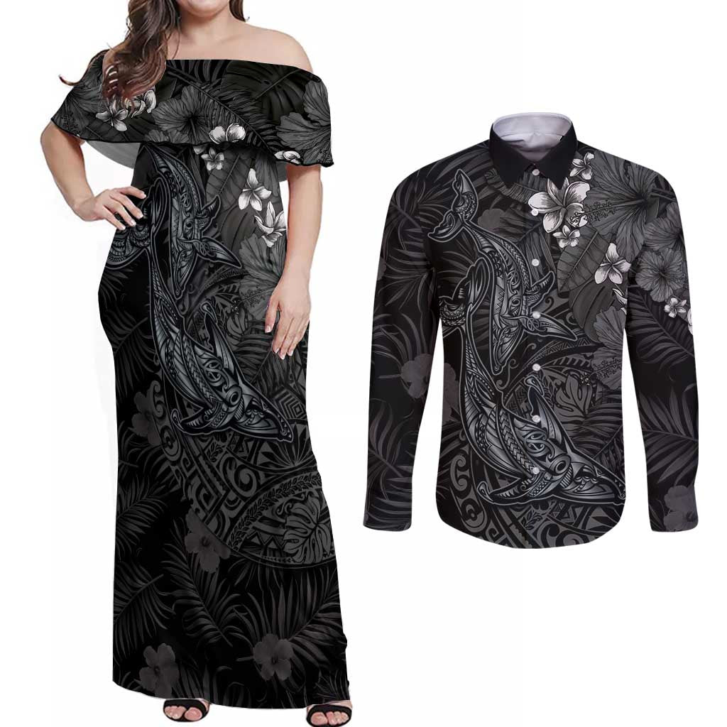 Hawaiian Tropical Plants and Tribal Whales Couples Matching Off Shoulder Maxi Dress and Long Sleeve Button Shirt Polynesian Art Tattoo Grayscale