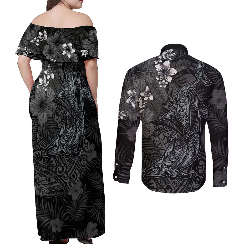 Hawaiian Tropical Plants and Tribal Whales Couples Matching Off Shoulder Maxi Dress and Long Sleeve Button Shirt Polynesian Art Tattoo Grayscale