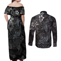 Hawaiian Tropical Plants and Tribal Whales Couples Matching Off Shoulder Maxi Dress and Long Sleeve Button Shirt Polynesian Art Tattoo Grayscale