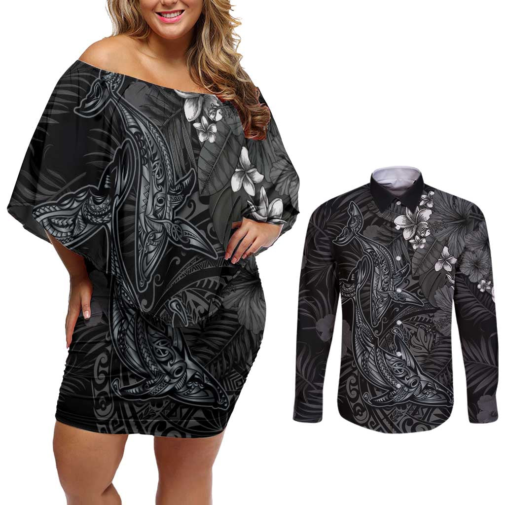 Hawaiian Tropical Plants and Tribal Whales Couples Matching Off Shoulder Short Dress and Long Sleeve Button Shirt Polynesian Art Tattoo Grayscale